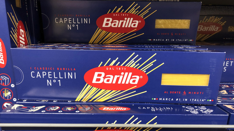 Stacked boxes of Barilla pasta