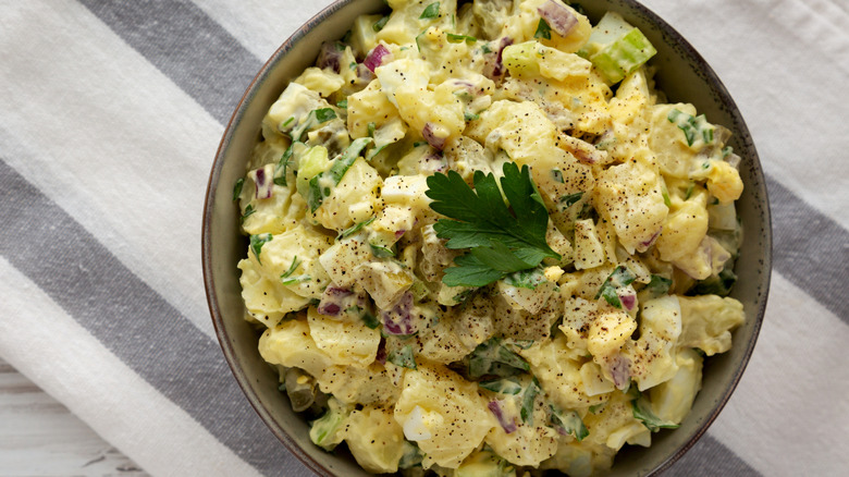 Top-down view of a bowl of potato salad