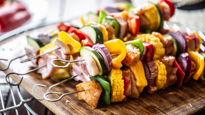 Skewered, marinated chicken and vegetables