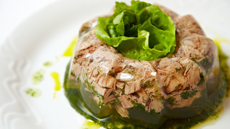 A savory Jell-O Salad with beef and pork on white plate
