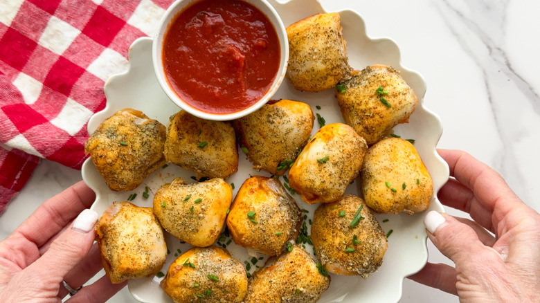 hand holding plate of bites
