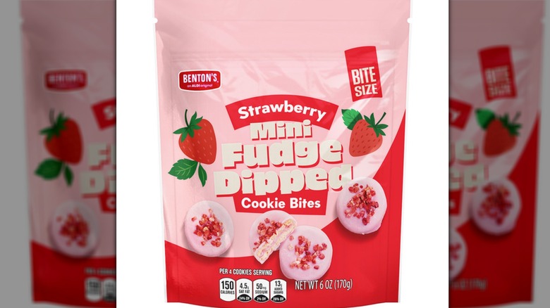 Package showing pink cookies with red sprinkles on top