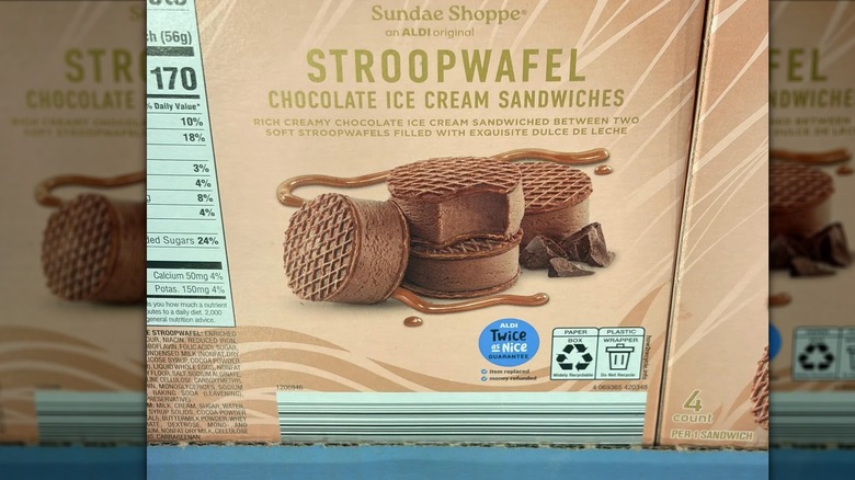 Package showing chocolate ice cream sandwiches with caramel and chocolate