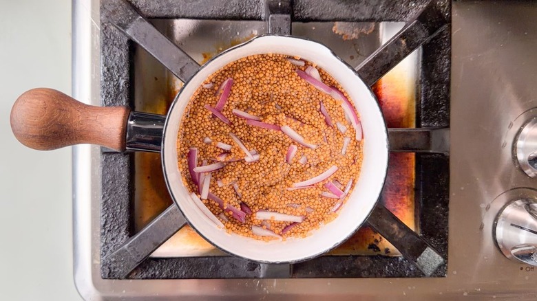 Sliced red onions and pickled mustard seeds in small saucepan on stovetop