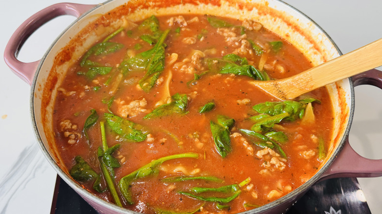 pot of tomato-noodle soup with spinach