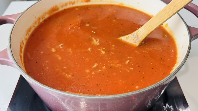pot of tomato-soup with a wooden spoon