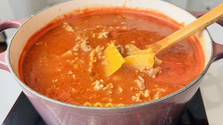 uncooked noodles in pot of tomato-noodle soup