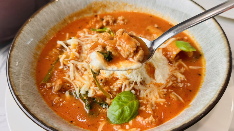 spoon hovering over bowl of tomato-noodle soup