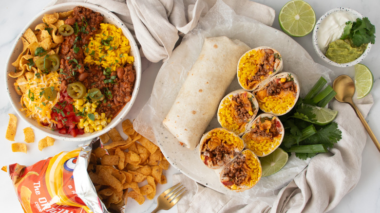 Overhead shot of Frito pie burritos plated