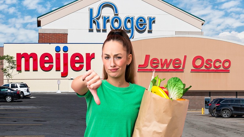 Meijer, Kroger, and Jewel-Osco and a woman holding a paper grocery bag making a thumbs down sign