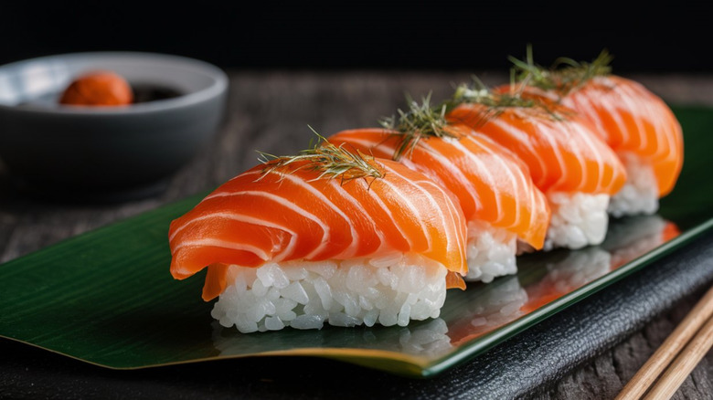 salmon sushi on a tray