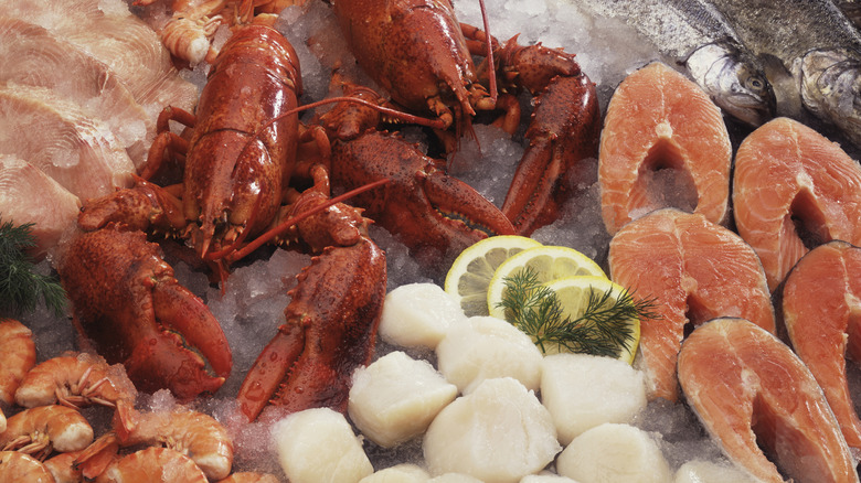 Different seafood varieties spread out over ice