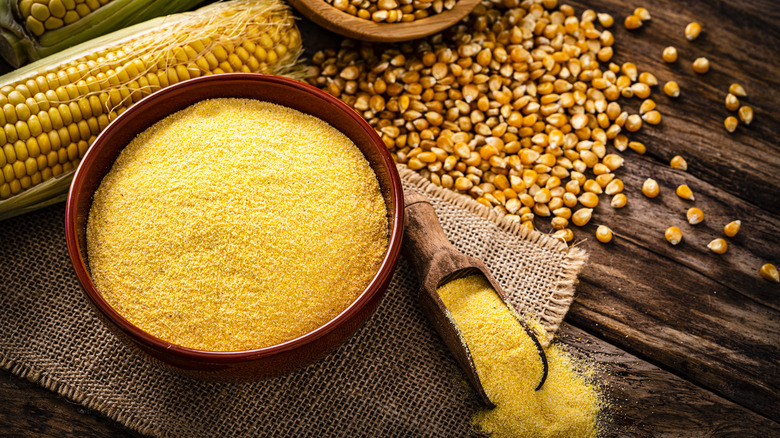 Cornmeal in a bowl beside corn on the cob and corn kernels on a wooden table
