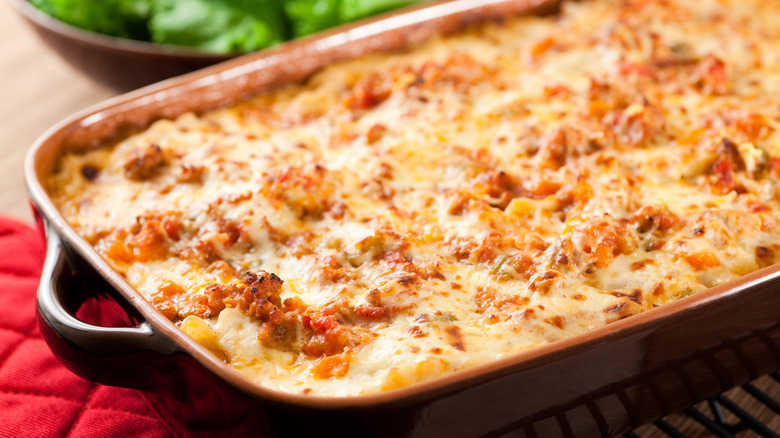 A beautiful, hot pan of lasagna fresh out of the oven.