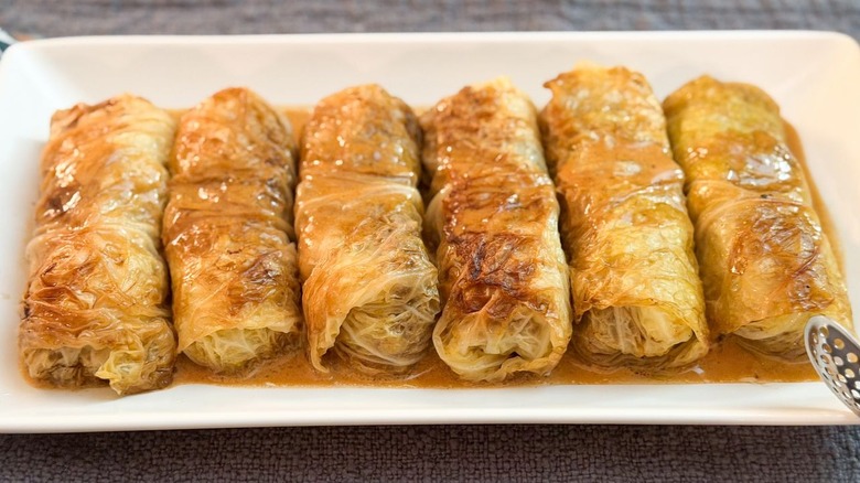 Swedish-inspired stuffed cabbage rolls close up on serving platter