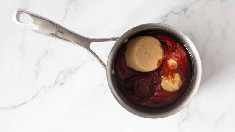 barbecue sauce ingredients in saucepan