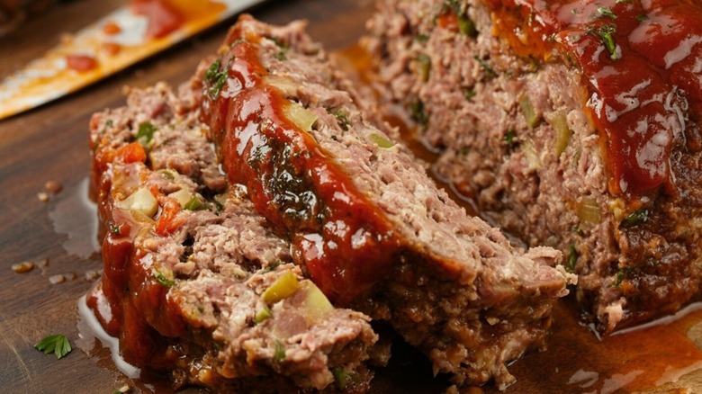 Juicy slices of meatloaf topped with a Sweet Baby Ray's barbecue sauce glaze.