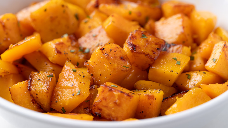 Roasted butternut squash pumpkin in a bowl, Autumn homemade food