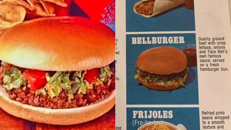 Side by side photos of a close up on a Bell Beefer next to a Taco Bell menu from the 60s