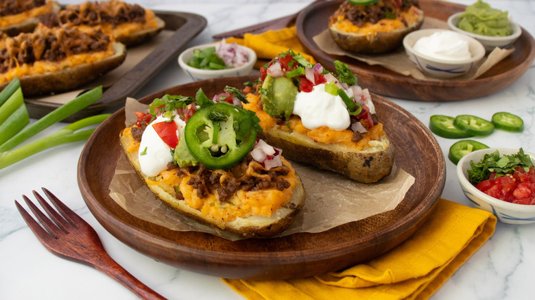 Side shot of taco-themed twice baked potatoes