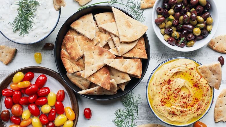 greek spread with pita, tahini, tzatziki