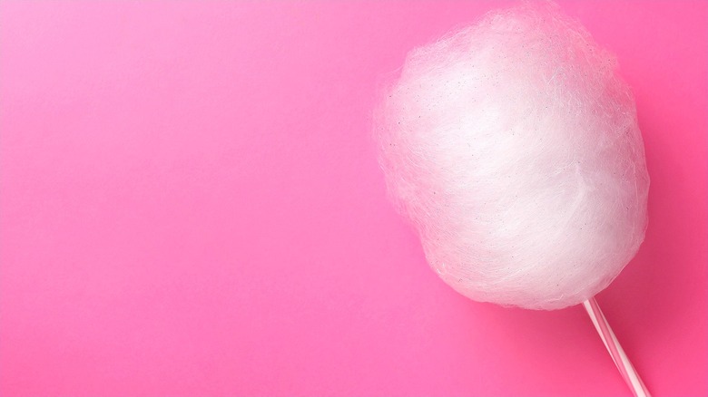 Light pink cotton candy on a pink and white stick on a bright pink background
