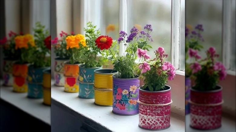 Tin can planters on a window sill