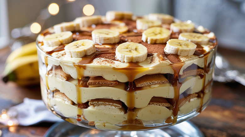 creamy banana pudding layered in a trifle dish