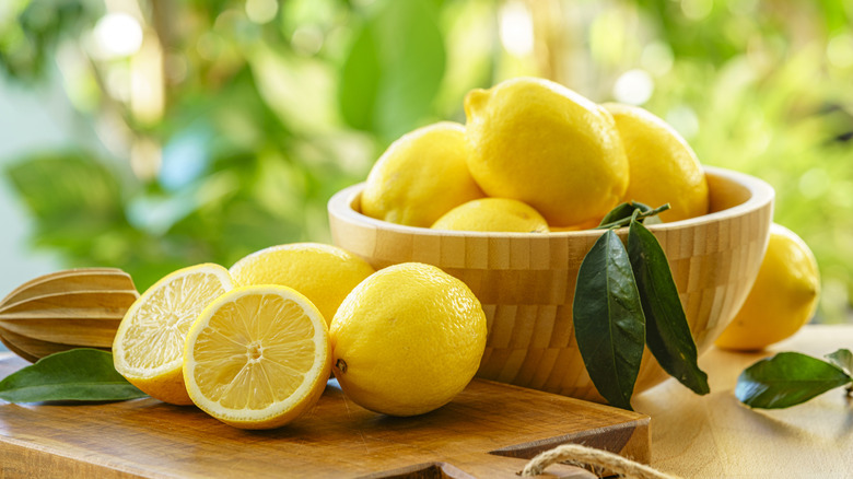 ripe lemons in a bowl on a garden table