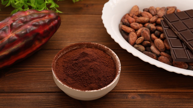 A bowl of cocoa powder and a bowl with chocolate bars also in the frame