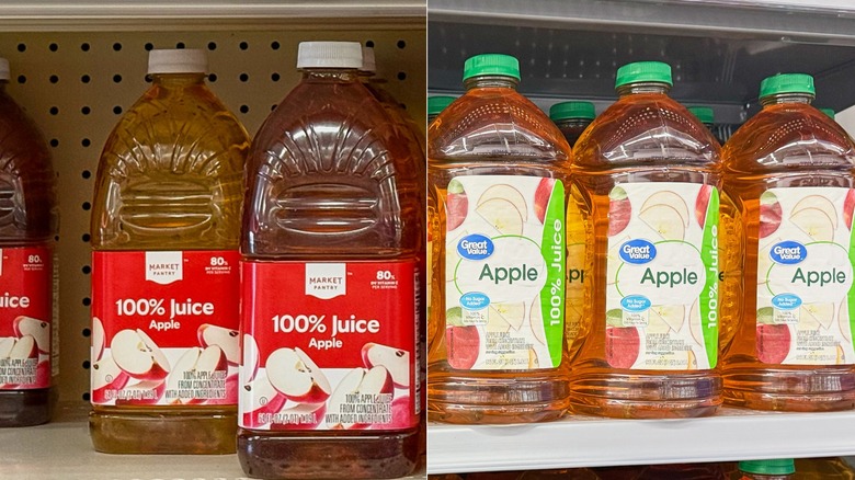 Target apple juice and Walmart apple juice on shelves