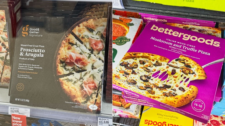 Frozen pizzas on the shelves