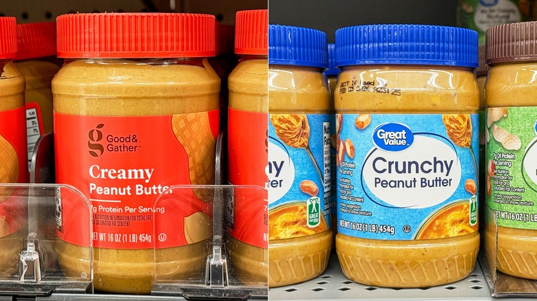 Jars of peanut butter on shelves