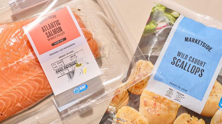 Walmart salmon and scallops on a table