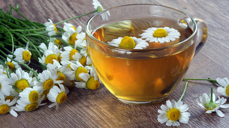 A cup of chamomile tea on a wooden table surrounded by chamomile flowers