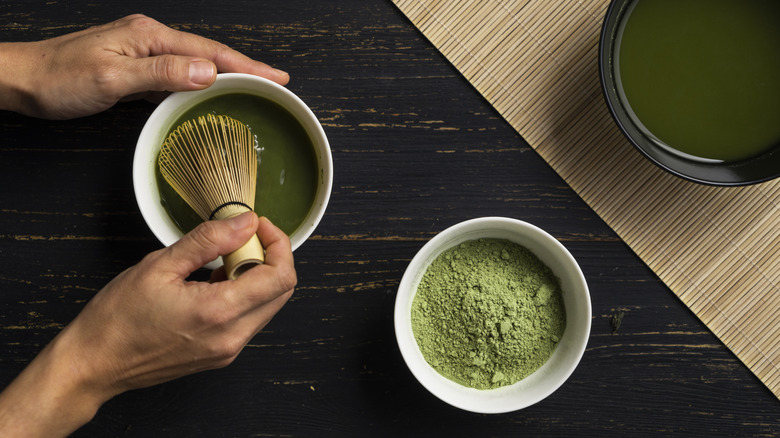 top down view of matcha preparation