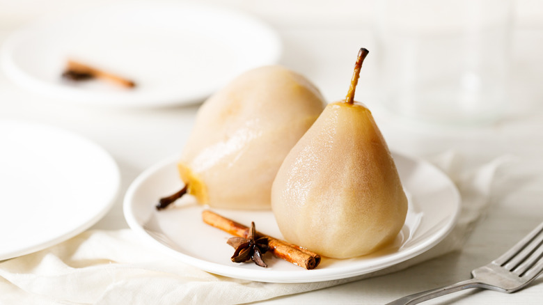A plate of poached pears