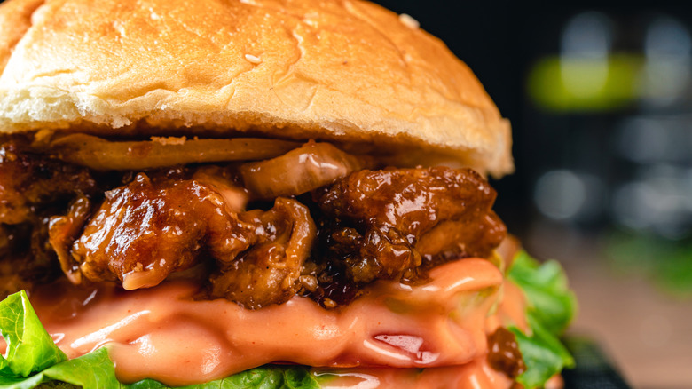 Closeup of teriyaki chicken sandwich