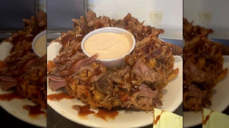 A Cactus Blossom smothered in pulled pork