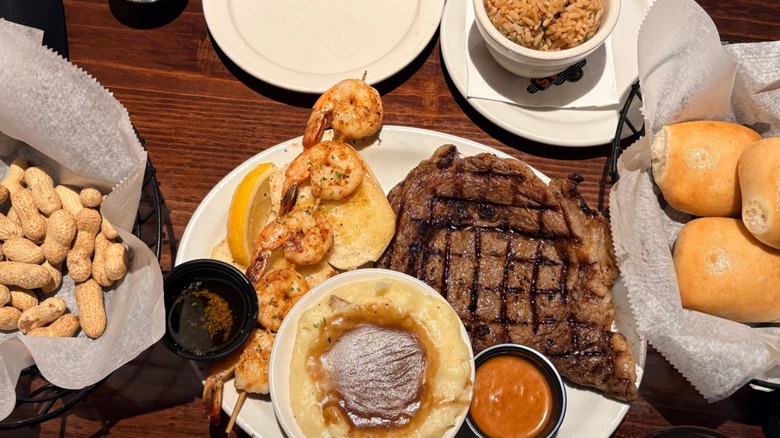A meal is presented on a table at Texas Roadhouse
