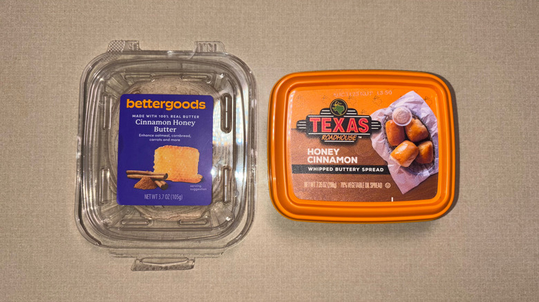 Texas Roadhouse and bettergoods honey cinnamon spreads on a contertop.