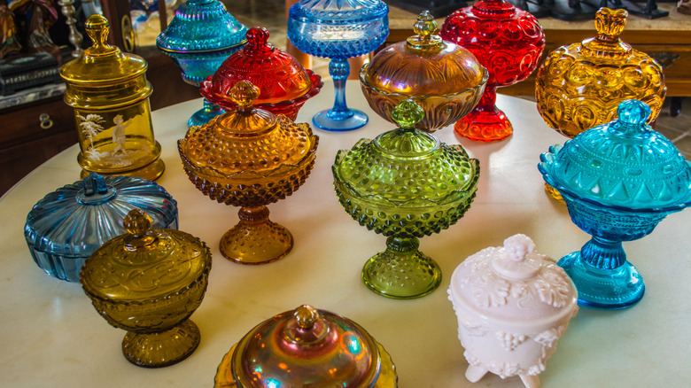 Colorful glass candy dishes.