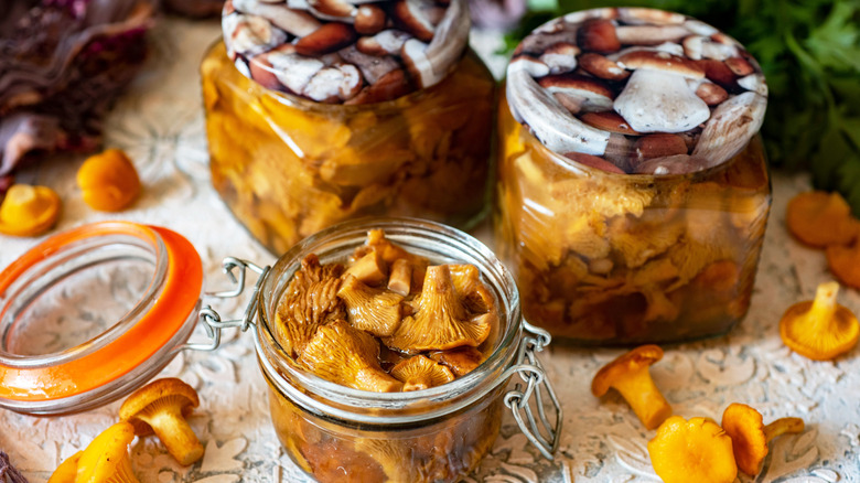Jars of preserved chanterelle mushrooms