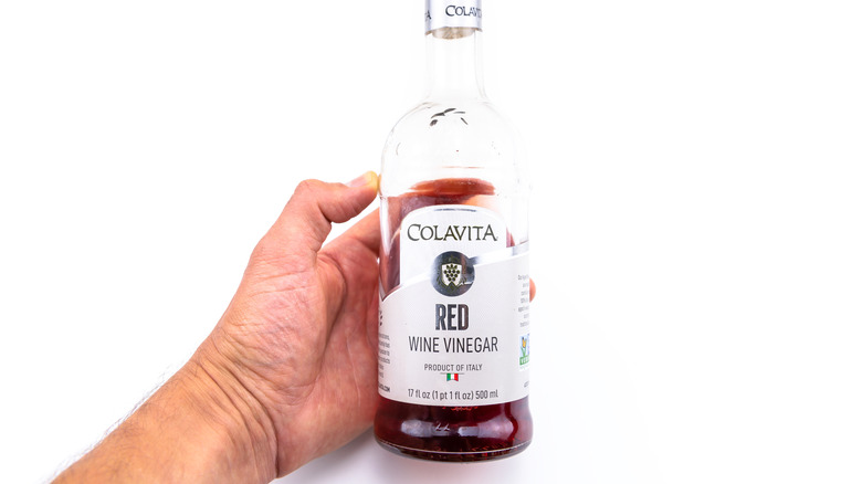 Someone holding a bottle of red wine vinegar against a white background