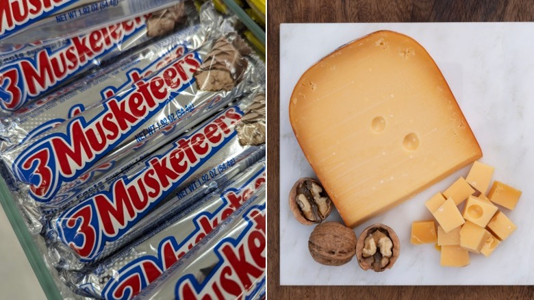 Split image of 3 Musketeers bars and a slice and cubes of gouda on a board with walnuts