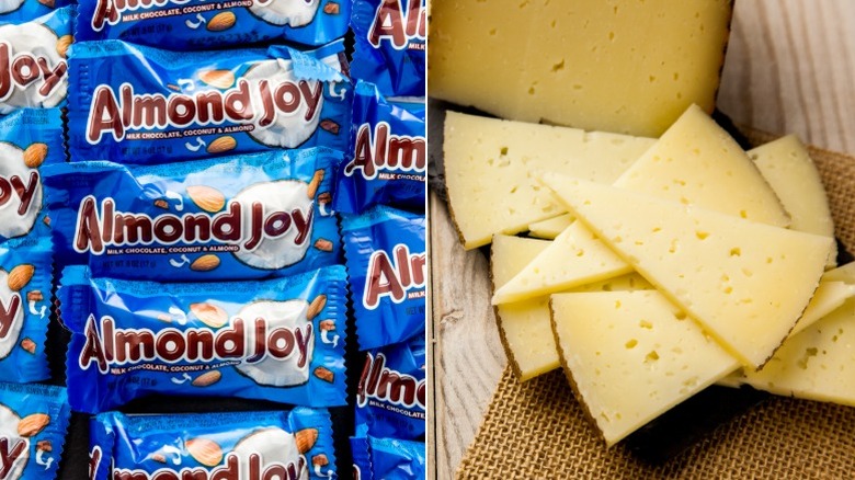 Split image of Almond Joy bars and slices of Manchego