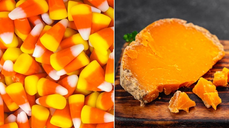 Split image of candy corn and a wedge of Mimolette