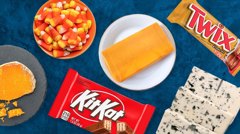 various cheeses among different types of candy