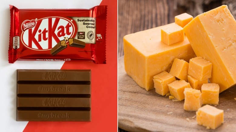 Split image of an opened and unopened package of KitKat bars and cubes of cheddar