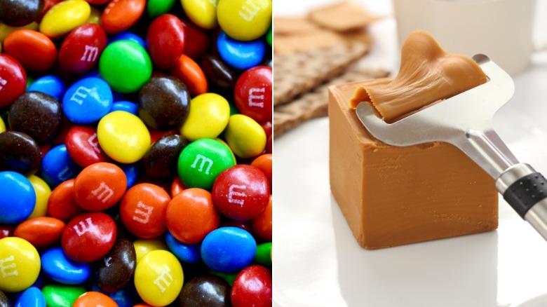 Split image of assorted M&M's and a block of Gjetost being thinly shaved